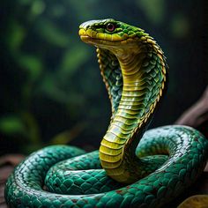 a green and yellow snake with its mouth open