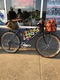 a bicycle parked in front of a store