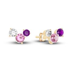 A delicate trio of natural white sapphire, pink tourmaline and amethyst gemstones create a special sparkle of color in these gorgeous stud earrings from the Juliette Maison Collection. Together, they add a charming, free-spirited quality, like the Juliette Maison woman herself. Fashioned in 10K yellow gold, the earrings secure in place with friction backs. Multi Stone Earrings, Rose Gold Pink Sapphire Earrings, Elegant Pink Sapphire Earrings In Yellow Gold, Fine Jewelry Pink Sapphire Earrings In Yellow Gold, Pink Sapphire Earrings Studs, Multi-stone Pink Sapphire Jewelry For Gifts, Jewelry Style Guide, Diamond Solitaire Earrings, Anniversary Wedding Band