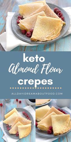 keto almond flour crepes on a plate with raspberries