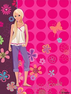 a barbie doll standing in front of a pink background with lots of flowers and butterflies