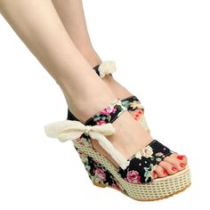 FREE SHIPPING Women Sweet Flowers Buckle Open Toe Wedge Sandals JKP1627 Lace Up Wedge Sandals, Slip On Wedge Sandals, Bow Flip Flops, Open Toe Slippers, Summer Wedges, Lace Up Wedges, Ankle Strap Wedges, High Heel Wedges, Wedge Heel Sandals