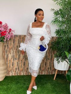 Guest Wedding Dress Woman Bodycon Shiny Square Collar Long Sleeves Lace Patchwork Birthday African Party Event Occasion Gown New Guest Wedding Dress, White Lace Gown, African Party Dresses, Lace Gown Styles, Midi Dress Style, Lace Styles, White Long Sleeve Dress, Dress Woman, African Inspired Fashion