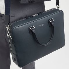 Mount Street Navy Pebble Leather Laptop Briefcase Bag Saffiano Leather Briefcase With Top Handle For Business, Modern Saffiano Leather Briefcase For Business Trips, Business Saffiano Leather Briefcase, Saffiano Leather Briefcase With Palladium Hardware For Business, Luxury Briefcase With Interior Card Slots For Daily Use, Saffiano Leather Briefcase With Palladium Hardware, Modern Saffiano Leather Briefcase For Travel, Luxury Briefcase With Interior Card Slots For Business, Designer Saffiano Leather Bags For Business Trips