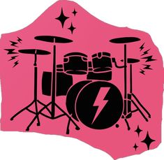 a pink background with a black and white image of a drummer's drum set