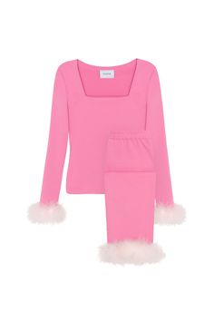 This sleek knitted set can be worn day and night. The Weekend Chic Set features one of the most iconic Sleeper silhouettes in Pink. Thoroughly chic yet modernly practical, the set is even equipped with detachable fuzzy cuffs at the ankles and wrists. Product Details 100% recycled polyester and feathers. Handcrafted in Ukraine. Care Instructions Take off feathers before wash. Dry-clean or machine wash cold on delicate cycle. Use a detergent for delicate fabrics. Do not bleach. Do not tumble dry. Cute Pjs, Outfit Collage, Loungewear Luxury, The Weekend, Pajama Set, Feathers, Bell Sleeve Top, Long Sleeve Tops, Cool Designs