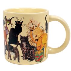 a white coffee mug with cats on it