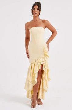 Angelina Maxi Dress - Lemon – BABYBOO Sleeveless Maxi Dress With Ruffle Hem For Prom, Strapless Ruffled Corset Dress, Maxi Length Evening Dress With Ruffled Skirt, Chic Strapless Maxi Dress With Ruffles, Summer Evening Maxi Dress With Ruffle Hem, Maxi Length Ruffled Skirt Dress For Gala, Fitted Maxi Dress With Ruffled Skirt For Gala, Strapless Ruffled Maxi Evening Dress, One-shoulder Fitted Ruffle Maxi Dress