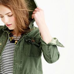 Summerweight hooded utility jacket J Crew Outfits, Olive Jacket, Khaki Jacket, Army Green Jacket, Preppy Girl, Fashion 101, Womens Blazers, Weekend Wear, Fall 2015