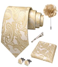 PRICES MAY VARY. 5PCS Tie Set Including:Necktie+Pocket Square+Lapel Pin+Tie Clip+Cufflinks.Neck Tie Size:3.15 inches (8cm) wide and 58 inches(148cm) long; Pocket Square:9.85*9.85 inches (25*25cm);Tie Clip: 2.36inches(6cm);Lapel Pin:3.35inches(8.5cm) Classic and Stylish: Paisley ties are a must-have accessory for men's clothing, simple yet elegant, suitable for various occasions. This tie has a classic and stylish appearance, allowing you to show confidence and charm in any situation. High-Qualit Gold Tie, Paisley Tie, Tie Set, Blue Paisley, Tie And Pocket Square, Groomsman Gifts, Lapel Pin, Ties Mens, Pocket Square