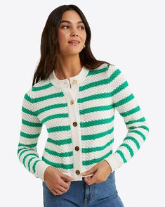 Rita Crewneck Cardigan in Cotton – Draper James Cotton Ribbed Cardigan, Casual Striped Ribbed Cardigan, Trendy Cotton Ribbed Cardigan, Trendy Ribbed Cotton Cardigan, Ribbed Cardigan For Everyday Spring Wear, Ribbed Spring Cardigan For Everyday, Striped Cardigan For Spring Layering, Spring Striped Cardigan For Layering, Casual Ribbed Spring Cardigan