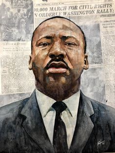 a painting of martin luther king in front of a newspaper