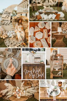 a collage of photos with different items and decorations on them, including plates, napkins, bowls, baskets, candles, and more