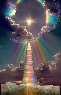 an image of a stairway leading to the sky with rainbows and clouds in the background