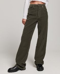 Womens - Vintage Wide Leg Cord Trousers in Khaki | Superdry Corduroy Trousers Outfit, Colourful Pants, Cord Pants, Pharmacy School, Cord Trousers, Trouser Outfit, Khaki Trousers, Cords Pants, Confident Style