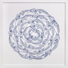 a blue and white drawing of an abstract flower with leaves in the center on a white background