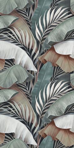 an image of a wallpaper with leaves on the back and green, white and brown colors