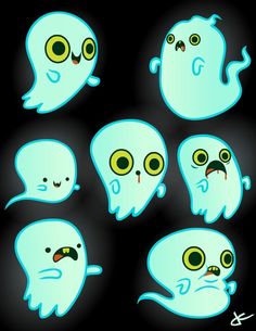 cartoon ghost with different expressions on black background