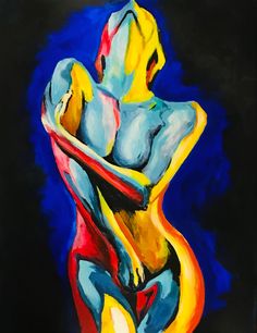 an abstract painting of a woman's body in blue, yellow and red colors