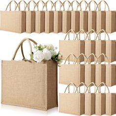 PRICES MAY VARY. Cotton,Jute What You'll Get: You'll receive a total of 24 jute bags with handles measuring 15.35 x 12.2 x 5.91 inches, plenty of course for your daily needs and replacement needs, and you can store extras for future use, pay attention to see if the size meets your needs before purchasing Trustworthy and Serviceable: our grocery tote bag is mainly made of quality jute with cotton stuffed handle, soft enough for you to hold, and the inner part has adopted waterproof PE film materi Signs Made From Gift Bags, Cricut Wedding Welcome Bags, Welcome Gifts For Beach Wedding, Items For Welcome Bags Guest Gifts, Wedding Gifts For Bridemaids, Guest Basket Wedding, Destination Wedding Gifts For Guests Welcome Bags, Wholesale Gift Shop Suppliers, Destination Wedding Gift Bags