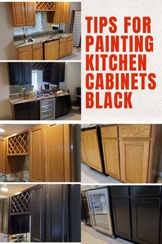 the kitchen cabinets are painted black and have red lettering that says tips for painting kitchen cabinets black