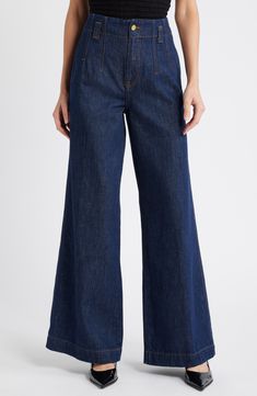 These '70s-inspired wide-leg jeans are remade for today from premium nonstretch denim in a casual-chic dark wash. 33" inseam; 28" leg opening; 12 1/2" front rise Zip fly with hook-and-bar closure 85% cotton, 15% recycled cotton Machine wash, dry flat Made in Turkey Wide Leg Jeans Outfit, Denim Street Style, Fall Wardrobe Essentials, Jean Shirt Dress, Sports Blazer, 70s Inspired, Jeans Outfit, Kids Sweater, Denim Jumpsuit