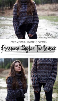 a woman is wearing a sweater and pants with the words pinewood ragi turtle neck