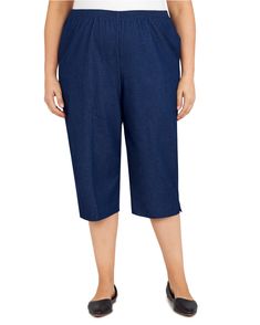 Women's classic denim capri features an all-around elastic comfort waistband, side seam pockets, and flattering side slits. This stylish pant is made from easy, easy care fabric. • Alfred Dunner Classic Denim Pull-On Capri. • Classic fit. • All-around elastic waistband. • Side-seam pockets. • Side slits. • 65% cotton/32% polyester/3% Spandex. • Machine washable. • Inseam: Missy 19"L, Plus 19"L, Petite 173/4"L. • Imported. Evening Dress Outfit, Cocktail Party Fashion, Alfred Dunner Pants, Denim Capri Pants, Denim Capri, Pedal Pushers, Stylish Pants, Alfred Dunner, Denim Jean Jacket