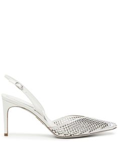 silver-tone leather crystal embellishment pointed toe buckle-fastening slingback strap branded leather insole 80mm stiletto heel leather sole Silver Pumps, Rene Caovilla, Crystal Embellishment, Designer Heels, Leather Fabric, Platform Shoes, Stiletto Heel, Pump Shoes, Pumps Heels