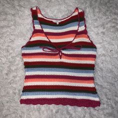 Like-New Never Worn Size M Cute For Spring Y2k Ribbed Tops For Spring, Y2k Knit Crew Neck Top, Y2k Style Ribbed Tank Top For Summer, Striped Knitted Cotton Top, Cute Knit Tops For Summer, Cute White Knit Top, Striped Knitted Tops For Summer, Casual Cotton Knitted Tops, Y2k Striped Tops For Spring