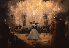 a painting of a couple dancing in front of a crowd