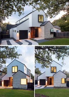 three different views of a modern house in the evening and at night with lights on