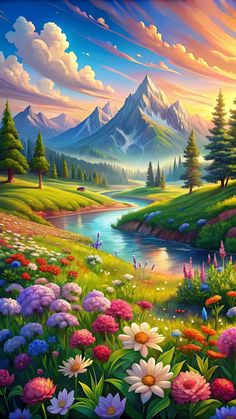 a painting of flowers and mountains in the background, with water flowing from it's bottom