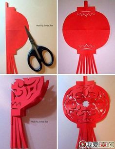 four pictures of red paper cut out to look like chinese lanterns with scissors on them