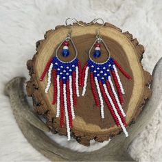 Beaded Earrings Patriotic Handmade. Silver Tone Nickel Free Ear Wires With Rubber Backs. Measurements In Photos. Patriotic Blue Beaded Earrings, Patriotic Blue Dangle Jewelry, Patriotic Multicolor Dangle Jewelry, Adjustable Blue Earrings For 4th Of July, Handmade Red Beaded Earrings For 4th Of July, Red Beaded Earrings For 4th Of July, Patriotic Multicolor Beaded Jewelry, Handmade Patriotic Dangle Beaded Earrings, Patriotic Beaded Dangle Earrings