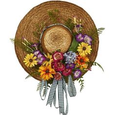 a straw hat with flowers and ribbons around it