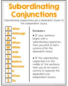 an orange and white poster with the words subordinating conjunctions