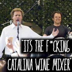 two men standing next to each other in front of a microphone with the words, it's the f king catalina wine mixer