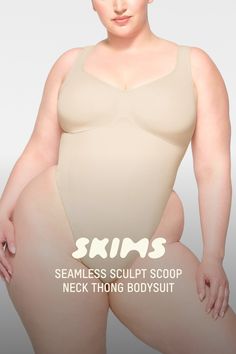 This scoop neck sculpting thong bodysuit enhances your natural shape while defining and smoothing your waist, core, tummy, and back. Features thick non-adjustable straps, center front and side stitching to define and support your bust, and a cotton gusset with snap closure. Fits true to size. | SKIMS Scoop Neck Thong Bodysuit | Light Neutral | 2XL | Seamless Sculpt Neck Sculpting, Side Stitch, Natural Shapes, Shapewear, Snap Closure, Scoop Neck, Adjustable Straps, Lounge Wear, Stitching