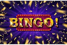 the word bingo surrounded by gold confetti and streamers on a purple background