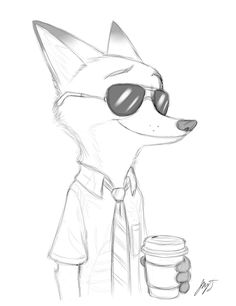 a drawing of a fox wearing sunglasses and holding a cup