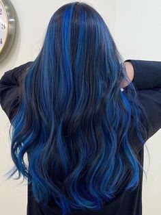 Blue Highlights In Dark Hair, Black Hair Colorful Highlights, Black And Hair Color, Blue Hair On Brunettes, Blue Highlight Hair Color, Dark Hair With Dark Blue Highlights, Blue Highlighted Hair, Navy Blue Hair With Highlights, Blue Color Hair Highlights