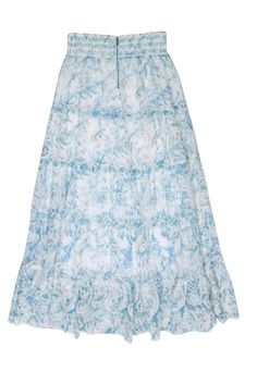 Embrace flow with this tiered maxi skirt by Alice & Olivia. A gorgeous white and blue watercolor print is is enhanced by eyelet embroidery and tiered ruffles. The smocked waist adds ease to the style for a range of movement. Keep it simple with a white ribbed tank, or add a one shoulder blouse to elevate for a daytime event. Size L 100% Polyester Fully lined Smocked waistband Zip closure Eyelet embroidery Waist 34" Total length 41" Rush Week Outfits, Summer List, Week Outfits, Rush Week, Outfit Inso, Olivia White, Dream Aesthetic, Eyelet Embroidery, Tiered Maxi Skirt