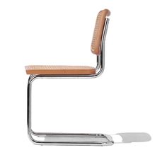 a chair with a wooden seat and metal frame on the back, against a white background