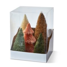 four trees in a clear box on a white background, with the top half covered by fake fur