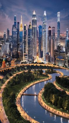 an aerial view of a city at night