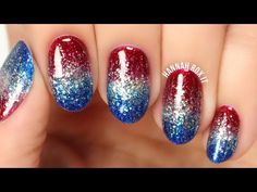 4th of July Glitter Gradient Nails (No Sponging!) - YouTube Red White Blue Ombre Nails, Jel Nails, Summer Nails 2018, Ongles Gel Violet, Pedicure Designs Summer