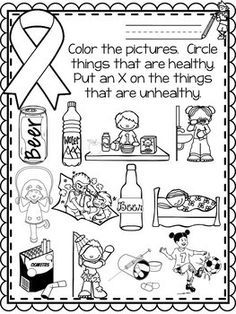 a coloring page with pictures and words for children to color, including an orange ribbon