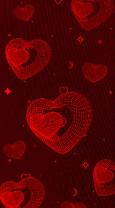 red hearts are floating in the air on a black background with stars and circles around them