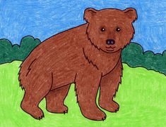 a drawing of a brown bear standing in the grass